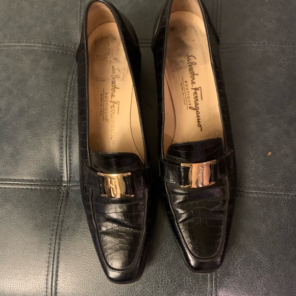 Shoes - Ferragamo Black Croc Embossed Loafers with Gold Buckle